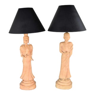 Vintage Hollywood Regency Asian Figural Lamps Style of James Mont W/ Black Tapered Shades - a Pair For Sale