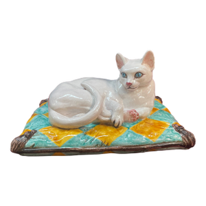 1960s Italian Hollywood Regency Terra Cotta Majolica Glazed Cat on Cushion Attributed to Bellini and Cantagalli