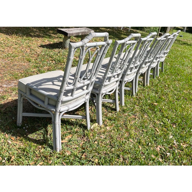 1980s 1980s Set of 6 Pagoda Dining Chairs by Ficks Reed-High Quality Bamboo and Rattan Side Chairs With Leather Binding For Sale - Image 5 of 12