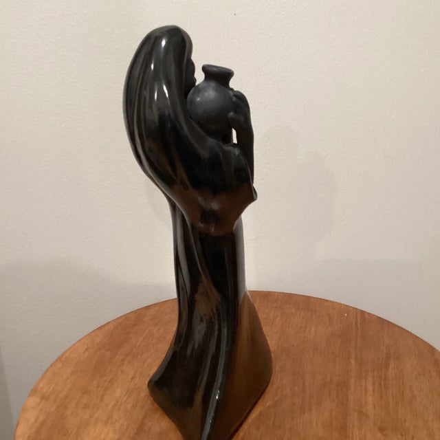 African Vintage Early 20th Century Black Ceramic Woman With Water Jag Figurine Sculpture For Sale - Image 3 of 13