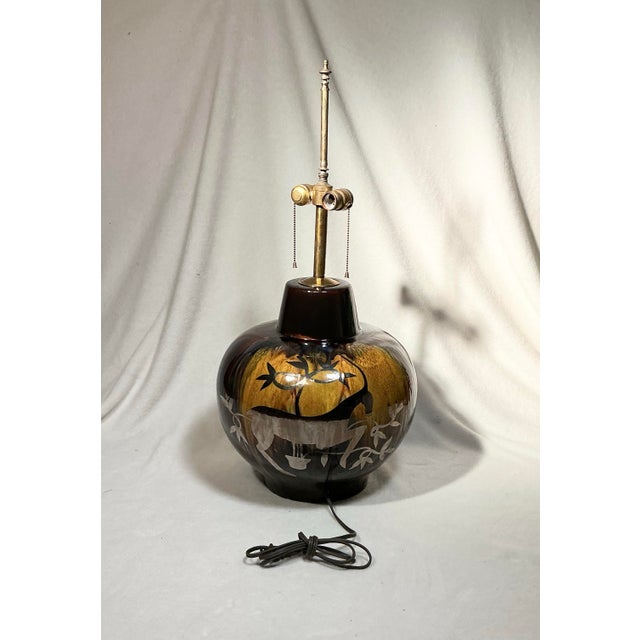 Mid-Century Modern Vintage Mid Century Modern Pottery Table Lamp Drip Glaze Silver Overlay Gazelle Ram For Sale - Image 3 of 12