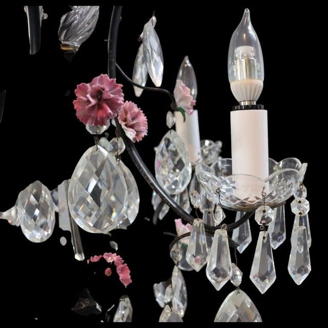 Glass Vintage Crystal, Glass & Ebonized Iron 5-Light Chandelier With Porcelain Flowers For Sale - Image 7 of 11