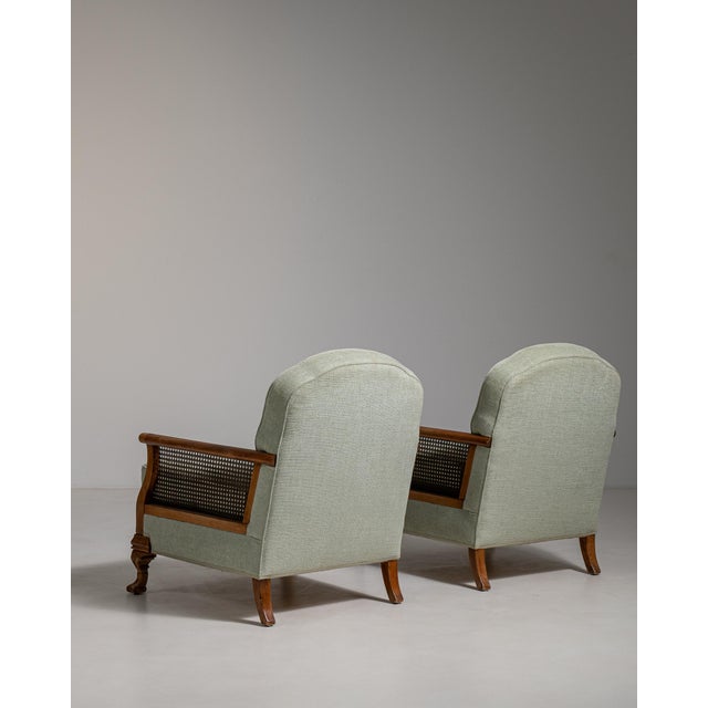 Mid 20th Century Pair of Eclectic Upholstered Armchairs with Rattan Accents For Sale - Image 10 of 13