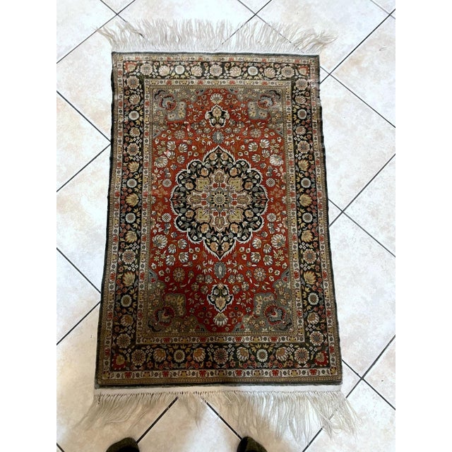 1970s Vintage 1970s Handmade Indian Silk Rug 2.1' X 3.2' (64cm X 98cm) For Sale - Image 5 of 7