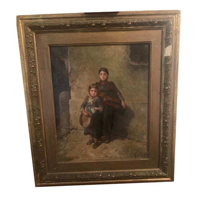 Late 19th Century François Reynaud, Street Musicians, Mother and Child, Original Oil on Canvas. Antique., Framed For Sale