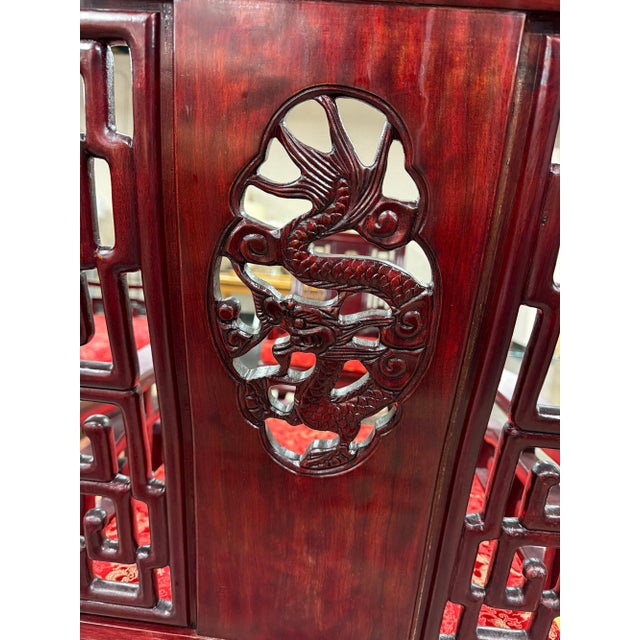 Vintage Chinese Rosewood Armchair With Hand-Carved Dragon Medallion and Red Silk Cushion For Sale - Image 10 of 10