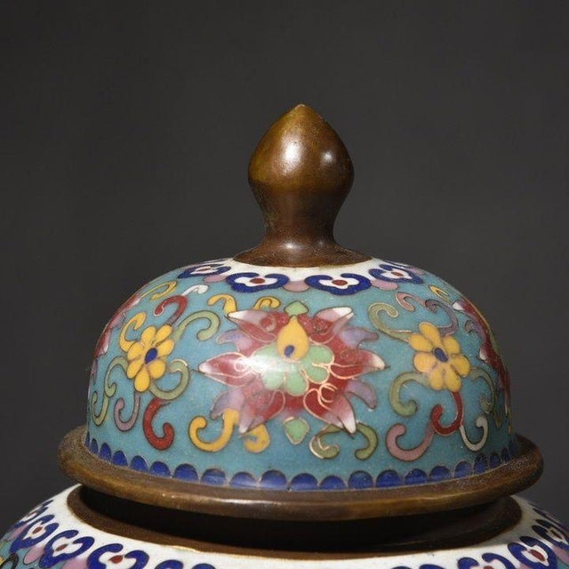 Pair of Vintage Chinese Cloisonné "Rooster & Flowers" Ginger Jars For Sale - Image 4 of 8