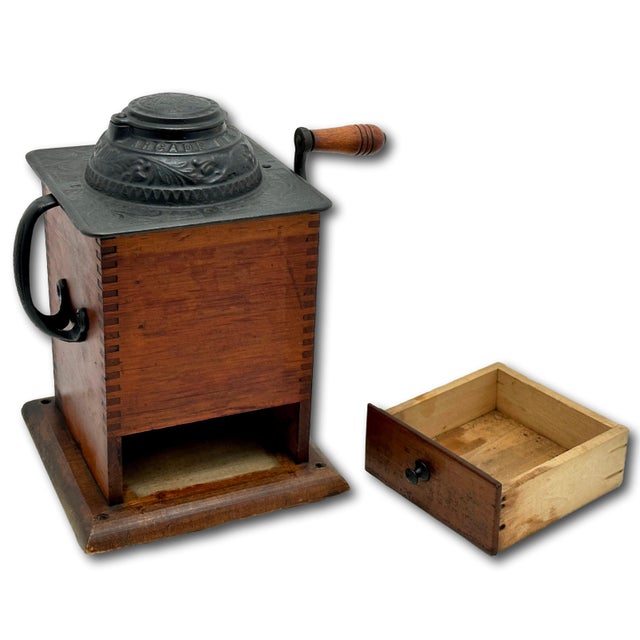 Unusual Antique American Cast Iron & Wood Hand Crank Coffee Grinder - Circa Late 19th Century For Sale - Image 15 of 18