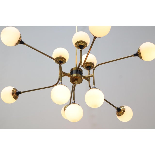Chandelier with 18 Lights in Brass and Opal Glass by Stilnovo, Italy, 1959 For Sale - Image 10 of 15