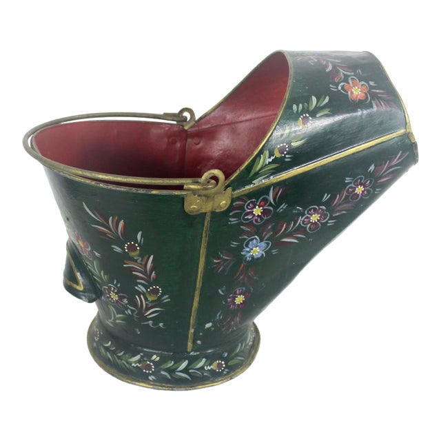 Antique Hand Painted Coal Scuttle Folk Art Fireplace Accent For Sale
