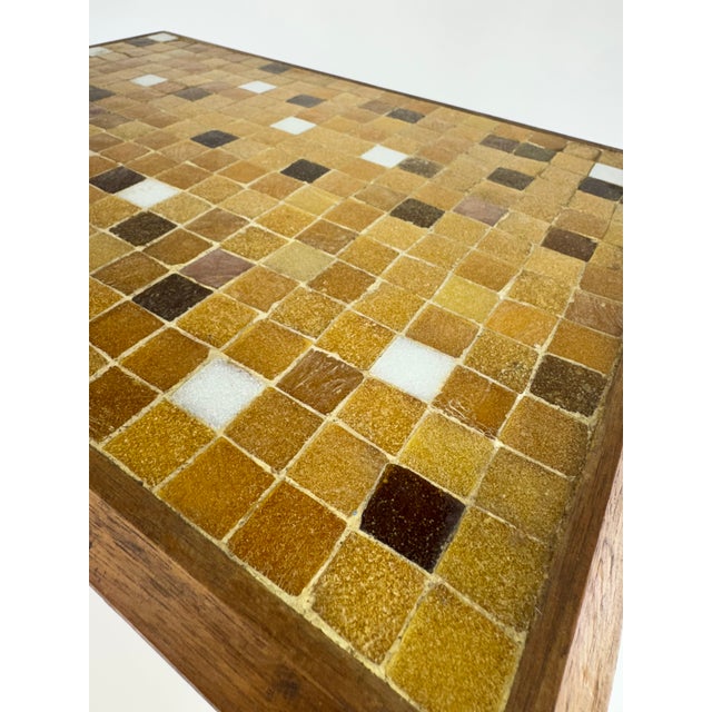 Mid-Century Modern Danish Modern Mid-Century Mosaic Tile Top Side Table With Tapered Legs & Brass Sabots For Sale - Image 3 of 9