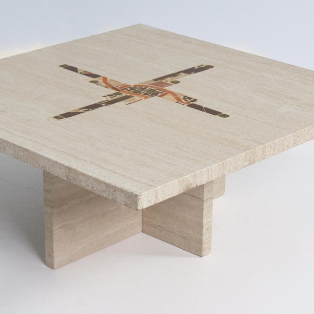Cream Coffee Table in Travertine with Marble and Brass Inlay by Paul Kingma, 1980 For Sale - Image 8 of 11