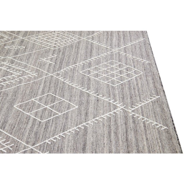 Gray Apadana's Nantucket Collection Flatweave Kilim Coastal Designed Gray Wool Rug For Sale - Image 8 of 12