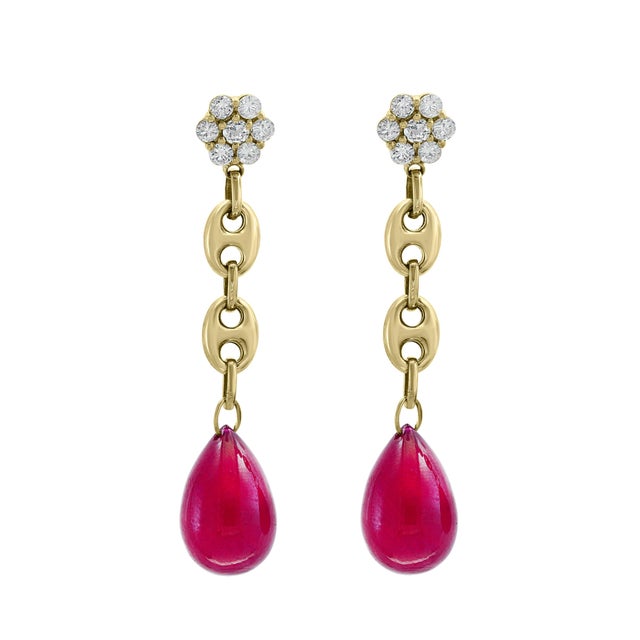 Gemstone 45 Carat Ruby Drop and Diamond Hanging/Chandelier Earrings 14 Karat Yellow Gold For Sale - Image 7 of 18