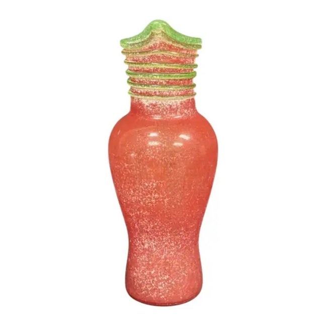 Mid-Century Modern Vintage Murano Art Glass Pitcher, Scavo-Style, Coral-Red & Green For Sale - Image 3 of 9