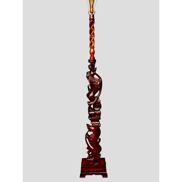 Chinoiserie Vintage Chinoiserie Intricately Hand Carved Double Foo Dog Floor Lamp With Helix Top Section Floor Lamp For Sale - Image 3 of 12