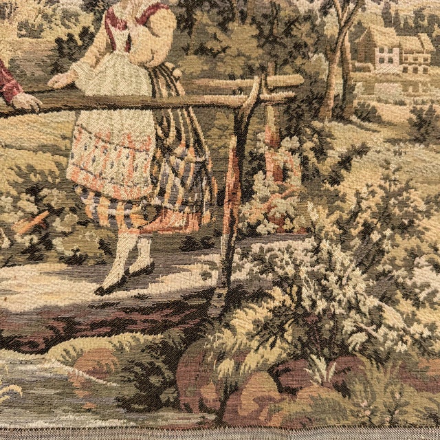 Vintage French Aubusson Style Pastoral Courtship Jacquard Tapestry For Sale - Image 4 of 8