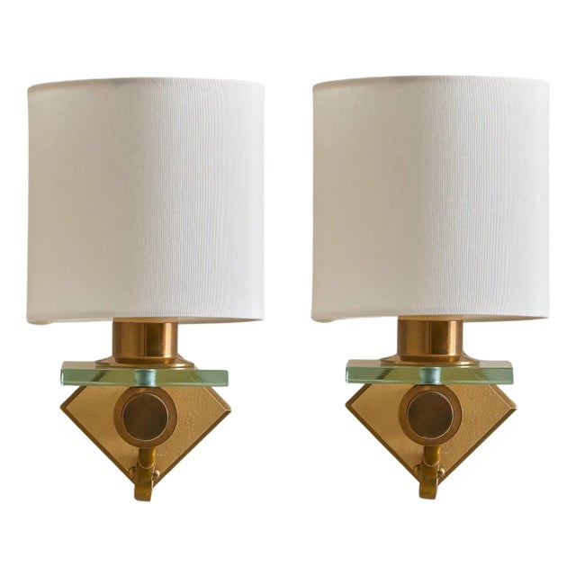 1960s Italian Brass + Glass Sconces with Drum Shades - a Pair For Sale