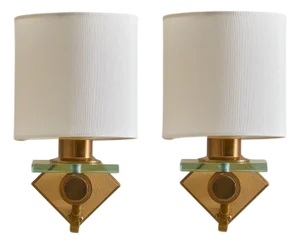 1960s Italian Brass + Glass Sconces with Drum Shades - a Pair