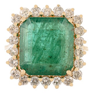 Certified 7.45Ct Zambian Emerald & 1.01Ct Diamond Halo Ring in 14k Yellow Gold Size 5.5 For Sale