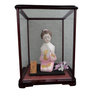 Mid-Century Japanese Geisha Figurine in Glass Display Case With Gilt Kimono Details