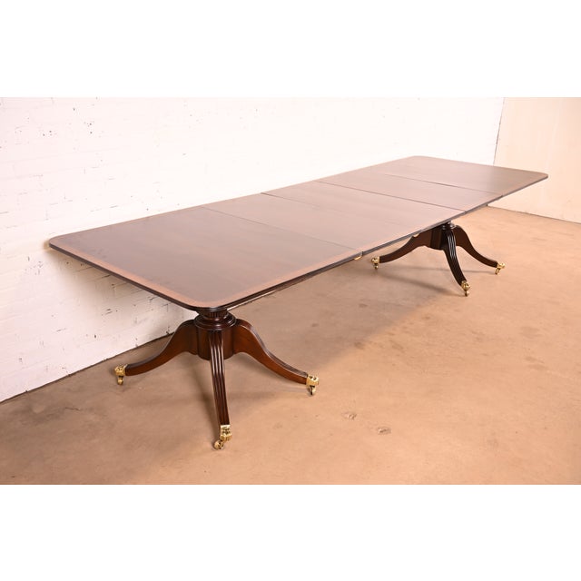 Baker Furniture Style Georgian Banded Mahogany Double Pedestal Extension Dining Table, Newly Refinished For Sale - Image 15 of 15