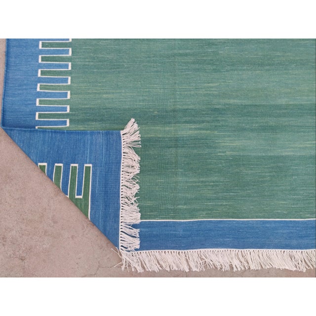 Casa Cosima Handmade Green and Blue Geometric Cotton Rug For Sale - Image 4 of 11