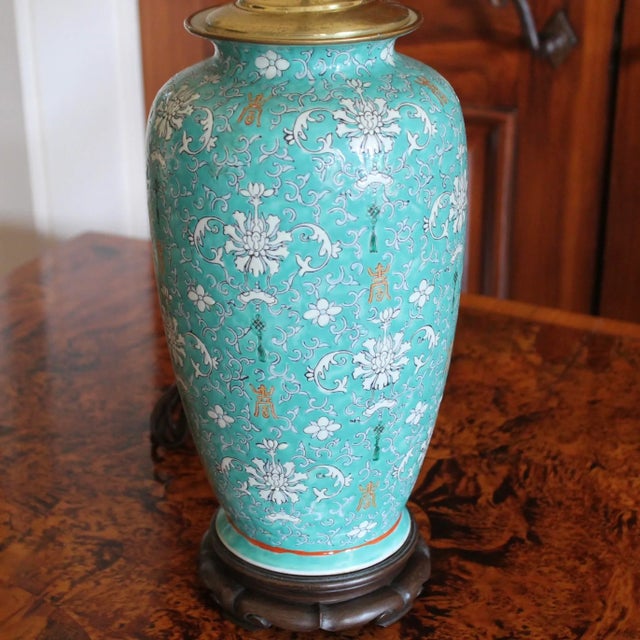 Chinese Chinese Turquoise Glazed Porcelain Vase Adapted Into a Lamp For Sale - Image 3 of 10