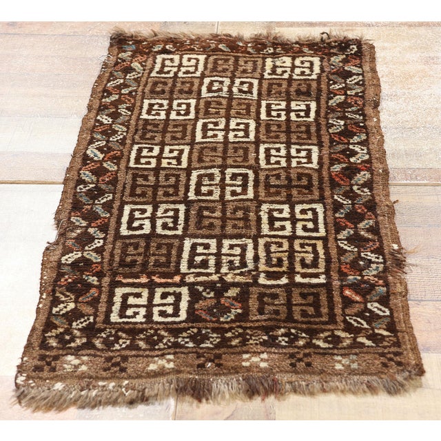 Brown Vintage Persian Lori Greek Key Rug - 01'06 X 03'00 For Sale - Image 8 of 9