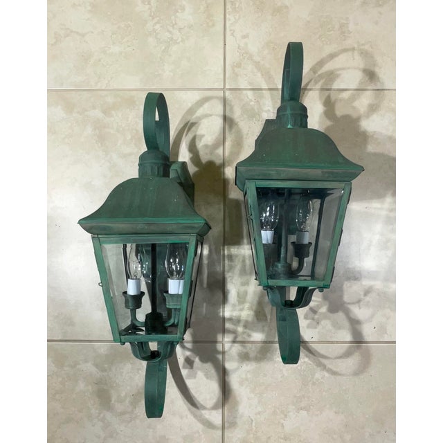 Pair of Vintage Solid Brass Outdoor Wall Lanterns - 22”h X 7”.5 W X 7”.5 D For Sale - Image 10 of 16