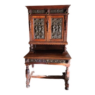 Late 19th Century Jacobean Revival Carved Breakfront Hutch With Brass Panels For Sale