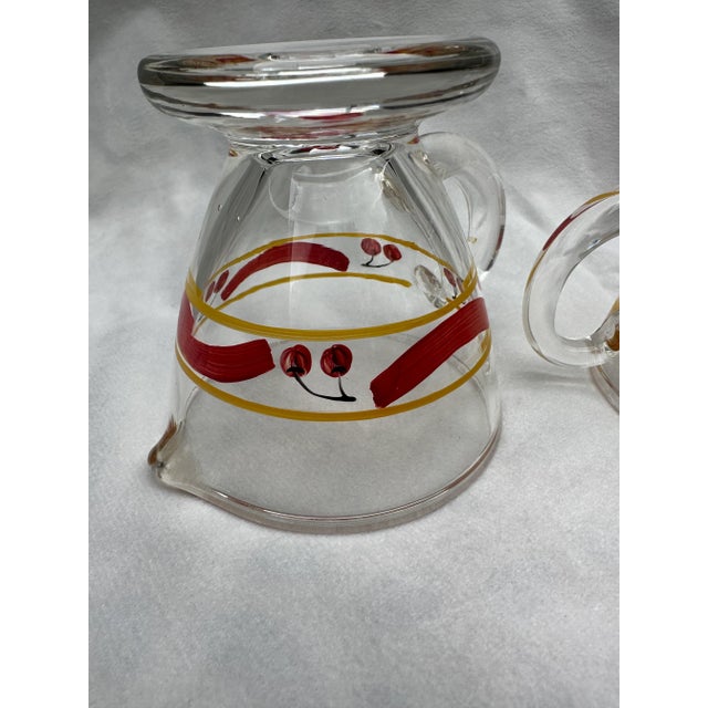 Glass Vintage Hand Painted Yellow and Red Banded Cherries Footed Creamer & Sugar Set For Sale - Image 7 of 8