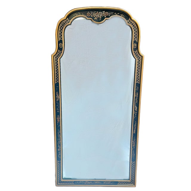 1970's Drexel Heritage Chinoiserie Black and Gold Hand Painted Wall Mirror For Sale - Image 11 of 14