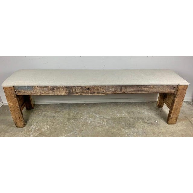 Spanish Monumental Spanish Carved Wood Bench, Linen Upholstery, 19th Century For Sale - Image 3 of 13