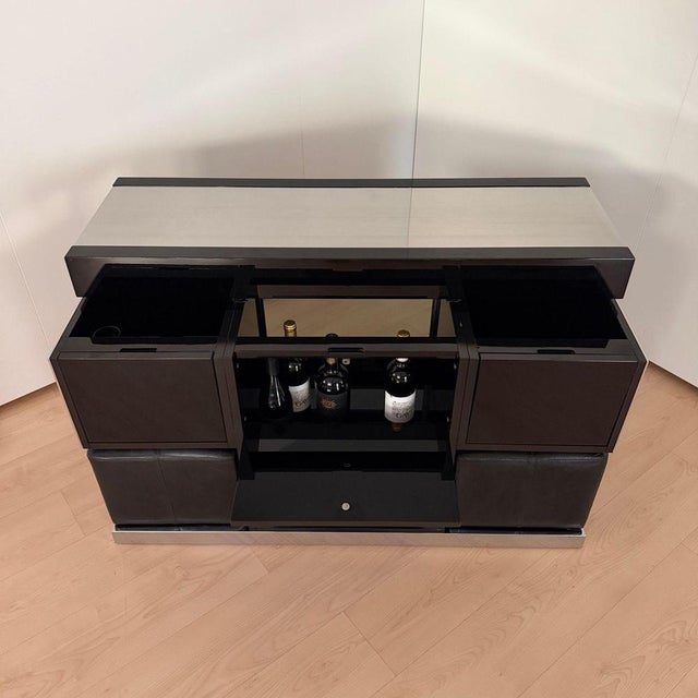 Glass Convertible Bar and Stools in Black Lacquer, Chrome & Leather, Italy, 1970s, Set of 3 For Sale - Image 7 of 18