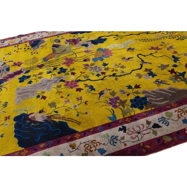 Textile Antique Chinese Art Deco "Peking" Gold Wool Area Rug Garden Motif (1920s) For Sale - Image 7 of 12