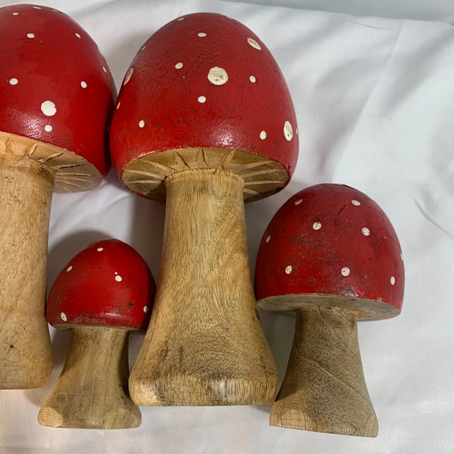 Wood Set of 5 Red and White Carved Folk Art Mushrooms For Sale - Image 7 of 8