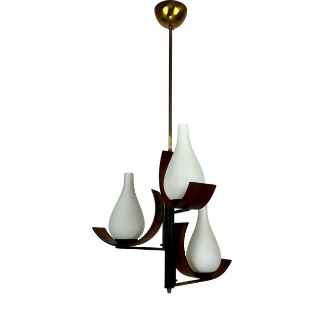 Mid-Century Modern Italian Pendant Light in Teak with Milk Glass and Brass, 1960s For Sale