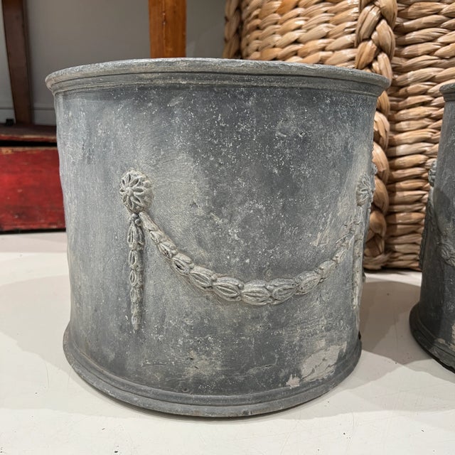 Antique English Pair of Lead Antique Planters W/Amphorae & Garland Relief For Sale In New Orleans - Image 6 of 9