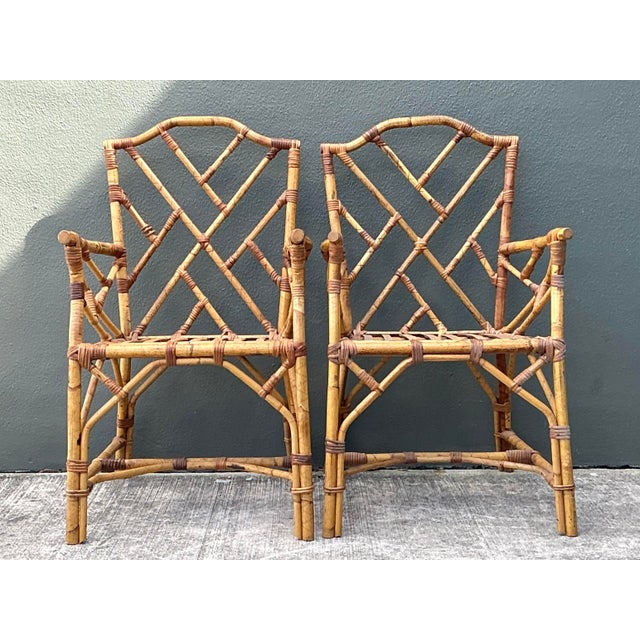 Vintage Chinese Chippendale Rattan Dining Chairs - A Pair For Sale - Image 10 of 12