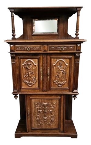 Antique Carved Walnut Cabinet with Terracotta Panels