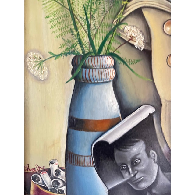 Portrait Oil Painting "Will He Come Back?" Oil on Hardboard Wood France 1970 Expressionism Movement, Framed For Sale - Image 9 of 12