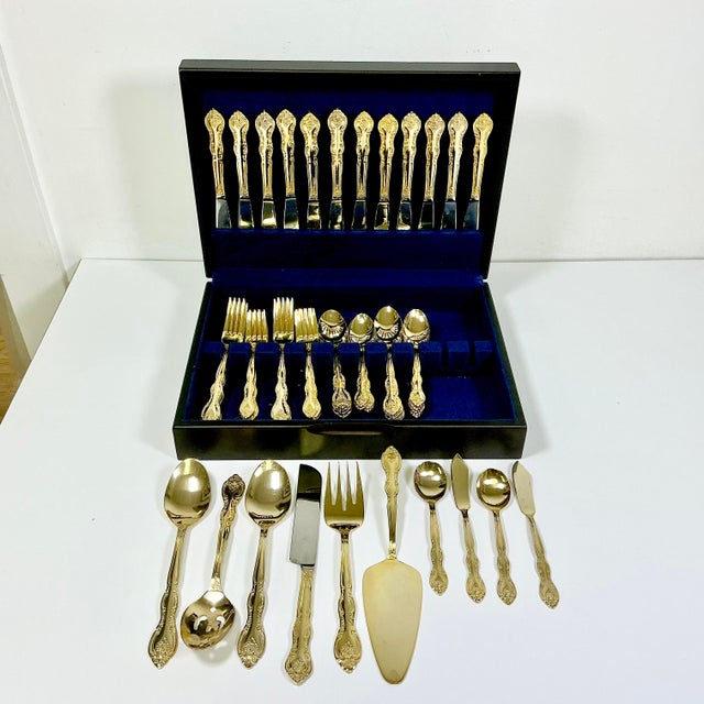 1970s Vintage Hollywood Regency Baroque Gold Electro Plated Flatware, Service for 11 - Set of 69 For Sale - Image 4 of 12
