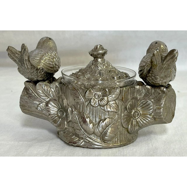 Vintage Silverplate 'Lovebirds' Salt Cellar With Salt and Pepper Shakers For Sale - Image 9 of 12