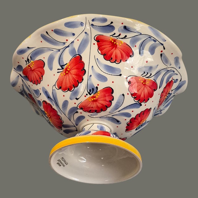 Late 20th Century Footed Scalloped Edge Spanish Pottery Painted Enamel Poppies Center Piece Bowl For Sale - Image 5 of 8