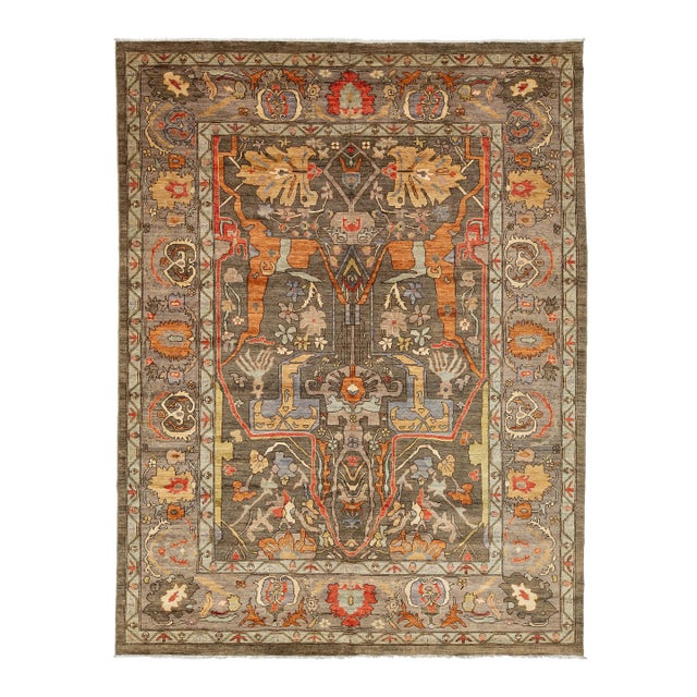 Hand-Knotted Modern Bidjar Style Wool Area Rug – Earthy Charcoal & Terra Cotta For Sale