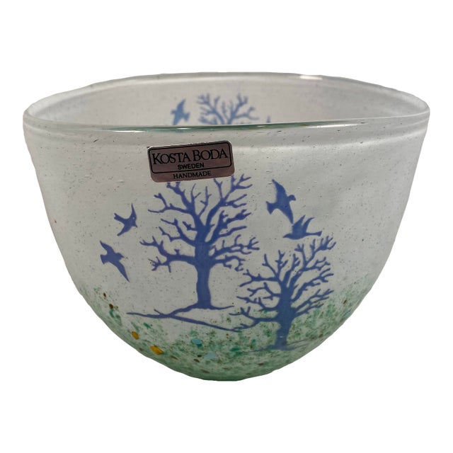 Handmade Vintage Kosta Boda Bowl with Trees and Birds, Signed For Sale