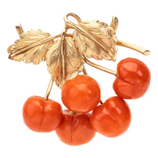 Vintage 14k Gold Momo Coral Cherry Branch Brooch, Japan, 1980s For Sale