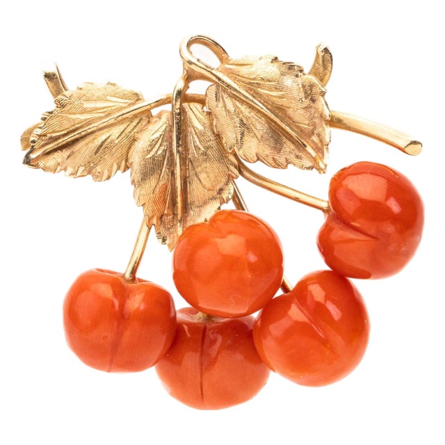 Vintage 14k Gold Momo Coral Cherry Branch Brooch, Japan, 1980s For Sale