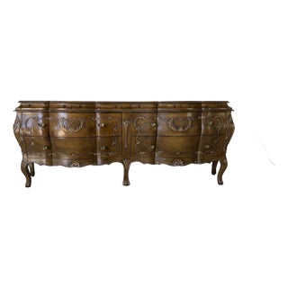 Vintage Italian Rococo Hollywood Regency Carved Wood Bombé Dresser With Butterfly Brass Handles For Sale